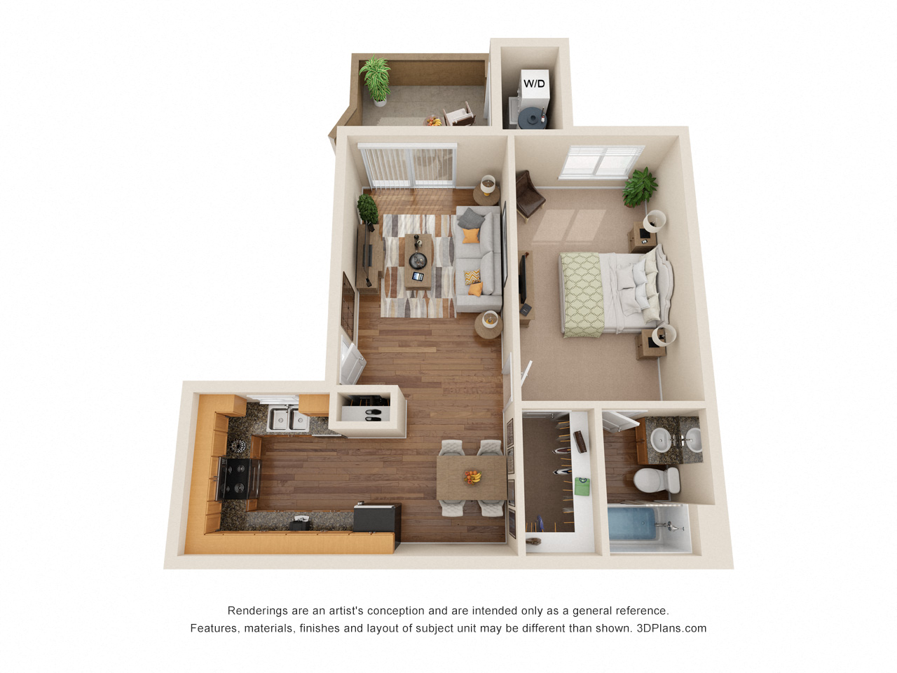 Floor plan for 1 bed, 1 bath, 643 sqft